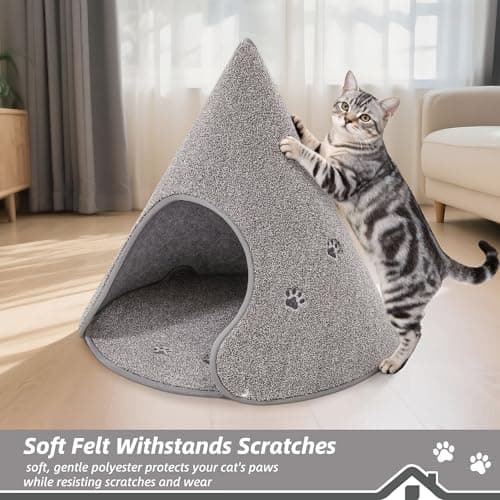 BEQHAUSE Cat Beds for Indoor Cats, Cat Cave Bed with Non-Slip Bottom, Anti-Scratch Cat House Cat Tent for Kittens and Small Dogs, Foldable Kitten Hideaway Machine Washable,22.8 * 22.8 * 20.8in, Grey - Thumbnail 2