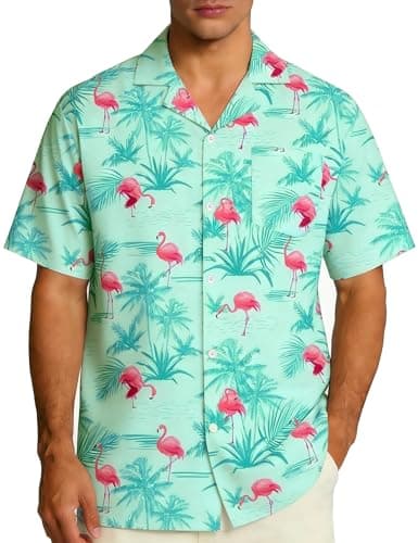EoBeKee Men's Hawaiian Shirt Short Sleeve Button Down, Flamingo Print Tropical Casual Beach Shirts for Summer Party Vacation - Image 1