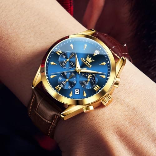 OLEVS Gold Watches for Men Brown Leather Mens Watches Dress Big Face Blue Mens Wrist Watch Luxury Chronograph Analog Quartz Waterproof Luminous Date Moon Phase Diamond Vintage Relojes para Hombres - Thumbnail 2