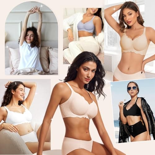 LIIJOO Wireless Seamless Scalloped Bra Full Coverage Push Up Lift No-Underwire Back-Smoothing U-Back Adjustable Straps Hook-and-Eye Breathable Stretch Pads（Blush Pink, 3XL） - Thumbnail 6