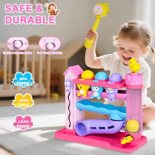 VOILBTOY Musical Toy for 1-2 Year Old Girls,Educational Baby Toys 12-18 Months,Ball Drop Toy with English & Spanish,Fine Motor Toys for Toddlers 1-3,Birthday Gift for 1+ Year Old Girl (Pink) - Thumbnail 2