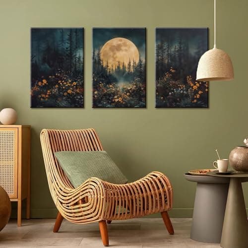 3Pcs Full Moon Forest Canvas Wall Art Nature Landscape Wildflower Wall Decor Pictures Moody Dark Academia Forest Posters Prints for Gallery Bedroom Living Room Home Decoration 16x24in - Thumbnail 4