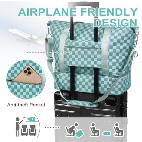 WOOMADA Weekender Bag for Women, Travel Duffel Bags with Toiletry Bag & Shoe Compartment(brown checkerboard) - Thumbnail 5