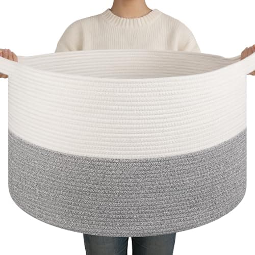 OIAHOMY 90L XXXLarge Blanket Basket for Living Room, 21.7" x 13.8" Woven Cotton Rope Laundry Basket for Organizing Pillows, Decorative Stuffed Animal Toy Storage for Nursery, White and Light Grey - Image 1