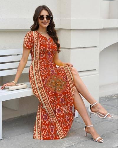 COSSEN Women’s Crewneck Short Sleeve Maxi Dress Red Boho Printed Medium with Pockets – Casual Loose Swing Sundress for Wedding Guest, Beach & Vacation - Thumbnail 6