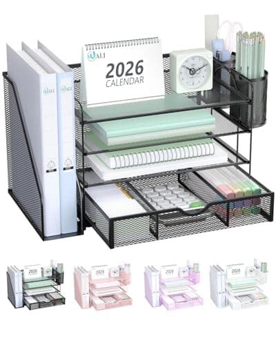 WALI Desk File Organizer, 4 Tier Desktop Paper Letter Tray Organizer with Drawer and 2 Pen Holders, Office Desk Accessories & Workspace Organizers for Office, Home Supplies(DO005DH-B), 1 Pack, Black - Image 1