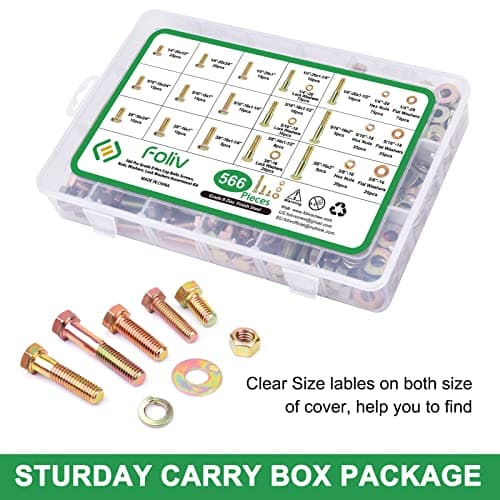 FOLIV 566Pcs Heavy Duty Bolts and Nuts Assortment Kit, Grade 8 Hex Screws Bolts Nuts Kit, 1/4-20 5/16-18 3/8-16, 15 Common Sizes Included - Thumbnail 6