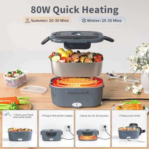 Vingud Electric Lunch Box for Adults, Heated Lunch Box Food Warmer, 80W 1.5L Portable Heating Lunchbox for Men/Work/Car/Truck, 12V 24V 110V Lonchera Eléctrica Portátil Christmas White Elephant Gifts - Thumbnail 4
