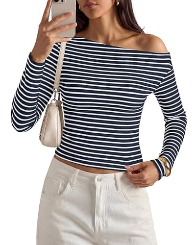 PRETTYGARDEN Womens Tops 2026 Fall Off The Shoulder Long Sleeve Shirts Striped Fitted Y2K T-Shirt Going Out Crop Top(Striped Navy White,Medium) - Image 1