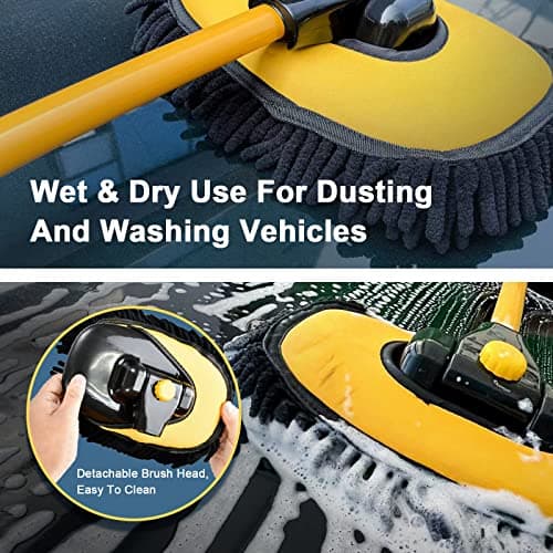 YeewayVeh Car Wash Brush with Long Handle, Microfiber Car Wash Mop with Replaceable Chenille Brush Head, Soft Cleaning Brush with 15° Curved Extension Pole Car Wash Kit for RV Truck Camper, Yellow - Thumbnail 6