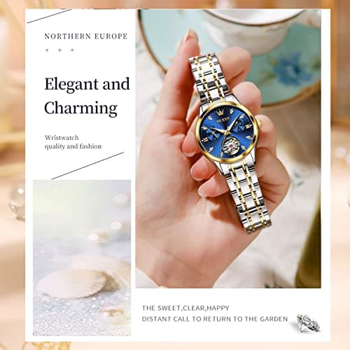 OLEVS Automatic Watches for Women Blue Face Elegant Self Winding Womens Watch Moon Phase Stainless Steel Waterproof Watch Luminous Mechanical Ladies Watches - Thumbnail 5