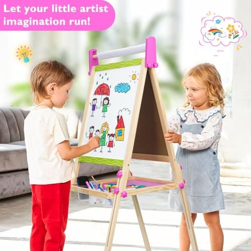 Adjustable Double-Sided Magnetic Wooden Easel for Kids with Paper Roll - Thumbnail 2