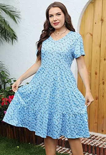 Younrui Plus Size Midi Floral Dress for Women Tiered Flowy Babydoll Casual Summer Wedding Guest Aline Dresses (1XL-1001-Blue Daisy) - Thumbnail 6