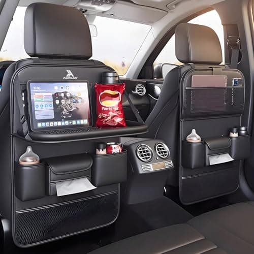 FASTAGEI 2 Pack Universal Foldable Car Backseat Organizer with Table Tray, Car Seat Back Protector with Touch Screen Phone Holder, Premium Leather Kick Mats with Storage Pockets Tissue Box (Black)