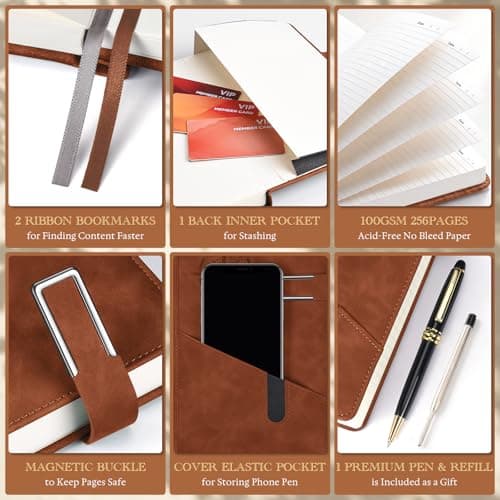 Lined Notebook Journal for Men Women, College Ruled Notebook, Hardcover Leather Journal with Pen & Gift Box, 256 Pages Thick Daily Diary, Professional Notebooks for Work, Travel, Executive, Writing,A5 - Thumbnail 6