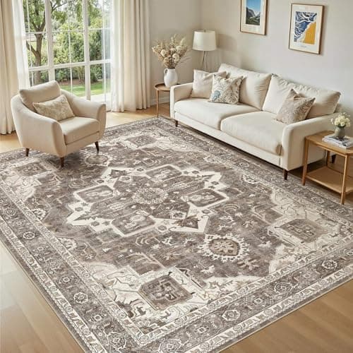 Jessibou Washable 5x7 Area Rug for Living Room - Vintage Distressed Carpet with Non-Slip Backing, Soft Stain Resistant Low Pile Indoor Rug for Bedroom & Dining Room, Kid & Pet Friendly - Brown - Image 1