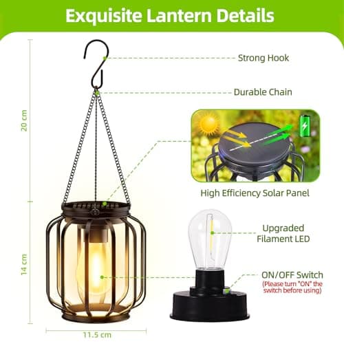 Solar Hanging Lanterns Outdoor Waterproof: 4 Pack Metal Solar-Powered Lights with Hook, Bright Warm Lantern Decor for Outside, Classic Outdoor Lighting for Yard Garden Patio Porch Balcony Decorations - Thumbnail 2