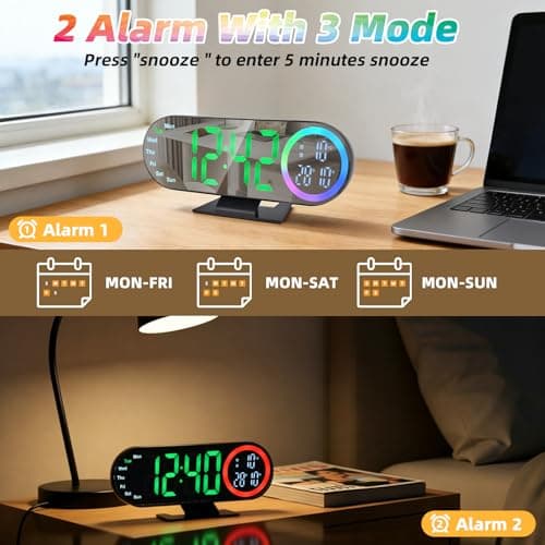 Digital Alarm Clocks with 16 Night Light, Loud Alarm Clock for Heavy Sleepers Adults Teens Kids Seniors, 3 Brightness 2 Alarm Mirror and LED Big Display Clocks for Bedside, Desk, Bedrooms Living Room - Thumbnail 3