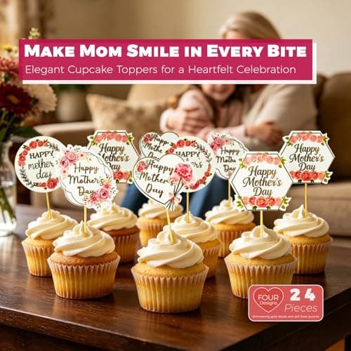 Oeyliz Happy Mothers Day Cupcake Topper 24 Pieces Flower Patterns Mom Cake Decorations Happy Mothers Day Cupcake Toppers for Mothers Day Party Cake Decorations - Thumbnail 2