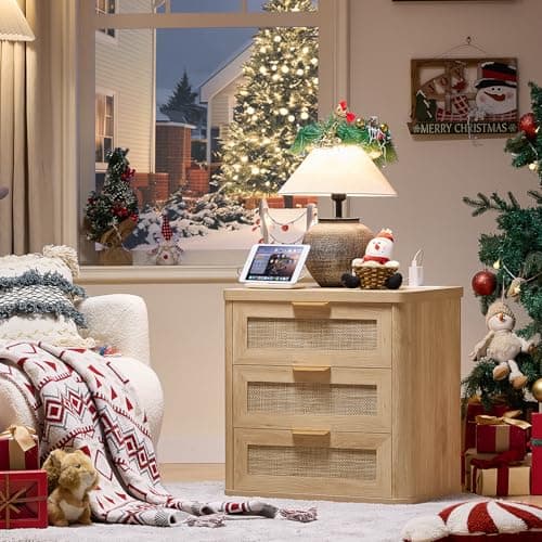 LEYAOYAO Rattan Night Stand Set of 2 with Charger Station, 23" Large 3 Drawer Boho Nightstand, Natural Wood Bedside Table Storage Cabinet, Bed Side End Tables for Bedroom, Living Room, Hallway - Thumbnail 2