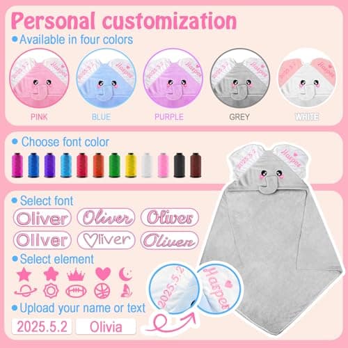 Individz Custom Hooded Bath Towel with Name, Personalized Highly Absorbent Elephant Towels, Baby Bath Towels for Girls Boys, Christmas Brithday for Baby, Toddler, Newborn (Grey) - Thumbnail 4