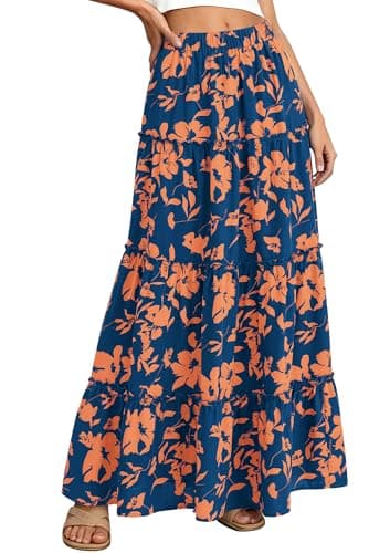 BTFBM Floral Maxi Skirts for Women Summer Spring 2026 Elastic Waist Tiered Flowy Beach Vacation Outfits Boho Long Skirt(Floral Blue Orange, XX-Large) - Image 1
