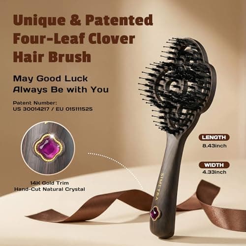 SIMETRA Lucky Hair Brush for Women & Men, 14K Gold Plated Wet Brush Detangling Brush for All Hair Types, Natural Crystal Inlay Boar Bristle Hair brush, Curly Detangler HairBrush for Scalp Massage Gift - Thumbnail 3