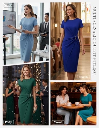 GRACE KARIN Work Dresses for Women 2026 Short Sleeve Sheath Business Dress Ruched Bodycon Office Cocktail Dress Dark Green S - Thumbnail 2