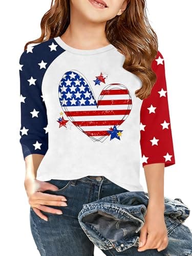 Girls 4th of July Shirts: USA T-Shirts for Kids American Flag Graphic Tees Patriotic Tops Raglan Sleeve 5-14 Years - Image 1
