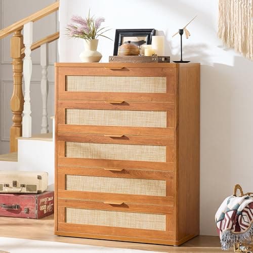 LEYAOYAO Rattan Dresser for Bedroom, 41" Tall Dressers Chest of Drawers, Boho Small Dressers with 5 Drawers, Tea Brown Dresser Wooden Closet Organizer for Living Room, Hallway - Thumbnail 6