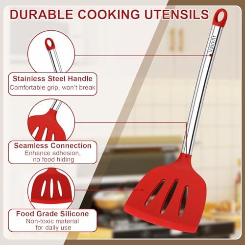 8 PCS Silicone Kitchen Utensils, Vayvnt Large Cooking Utensils Set for Nonstick Cookware, Silicone Spatula Set Includes Spoons and Tongs, Kitchen Essentials for Cooking & Baking, Dishwasher Safe, Red - Thumbnail 3