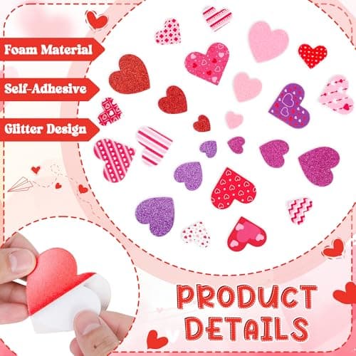 100 PCS Valentines Stickers, Self-Adhesive Foam Heart Stickers Valentines Decor, 3 Sizes Glitter Matte Dots Stripes Foam Stickers, Colorful Valentine Crafts for DIY Card Envelopes Decorations - Thumbnail 4