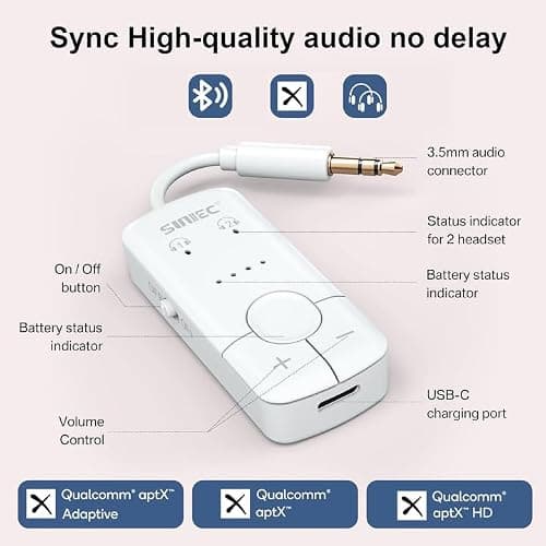 Sunitec Bluetooth 5.3 Transmitter for Airplane Connect 2 Headphones or Airpods: Wireless Plane Adaptor with 3.5mm AUX Audio Jack for Flight Airline Travel Gym - Support aptX HD Adaptive 35Hrs Lasting - Thumbnail 5