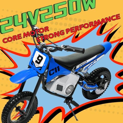kerry yoo C11 24V 250W Electric Dirt Bike for Kids, Up to 9.3MPH Off-Road Electric Motorcycle with Explosion-Proof Tires, Twist Grip Throttle, Spring Suspension,Kids Ride On Dirtbike - Blue - Thumbnail 2