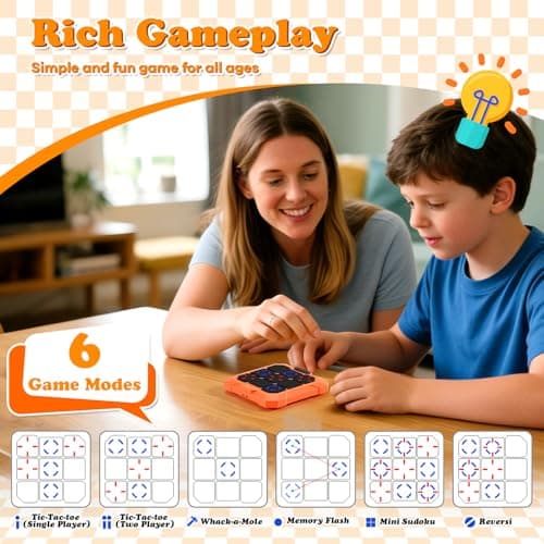6 in 1 Tic-Tac-Toe Handheld Game for Kids & Teens, 1-2 Players, Rechargeable Electronic Travel Board with 6 Games, Light Up Memory Game & Whack a Mole, Fidget Puzzle Toys for Boys Girls Age 6-12+ - Thumbnail 2