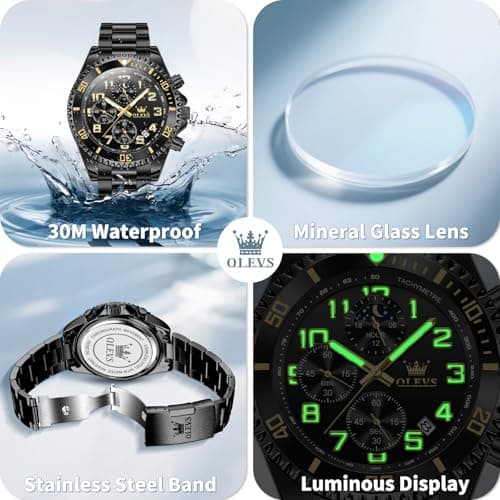 OLEVS Black Watches for Men Luxury Stainless Steel Mens Black Watch with Date Casual Men Dress Watch Waterproof Chronograph Men’s Wrist Watches Reloj para Hombre - Thumbnail 5