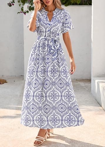 KIRUNDO Women Spring Summer Wedding Guest Boho Floral Maxi Dress Puff Sleeve Button Shirt V Neck Flowy Beach Vacation Dress(Blue, Large) - Thumbnail 3