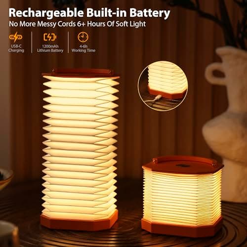 Ba suns Portable Paper Lamp,White Accordion Desk Lamp,Japanese Lanterns lamp for Home Decoration and Gift,Dimmable Bedside Lamp,1200mAh USB Powered Night Light for Bedroom,Office,Reading （Orange - Thumbnail 6