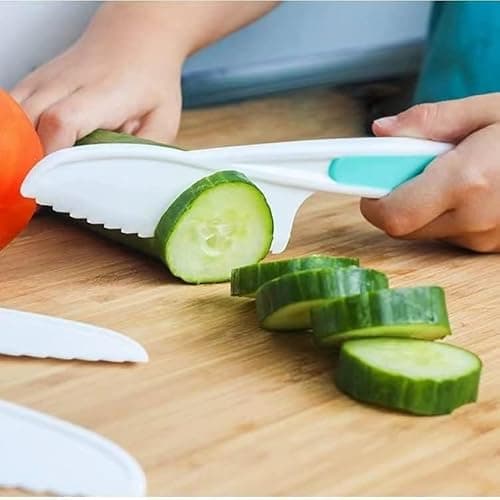 Leking 13 Pcs Wooden Kids Kitchen Knife, Kids Knife Set with Gloves Cutting Board Bear Sandwich Cutter Fruit Vegetable Cutters Serrated Edges Plastic Knifes for Real Cooking Kid Safe Knives - Thumbnail 3