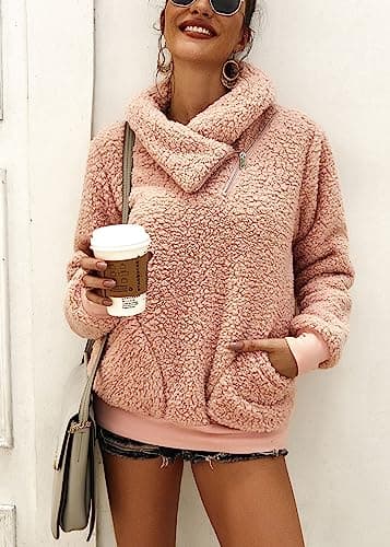 KIRUNDO Winter Clothing for Women Sherpa Pullover Fleece Zip Sweatshirt 2026 Fall Fashion Fuzzy Faux Shearling Warm Outwear(X-Large,Pink) - Thumbnail 5