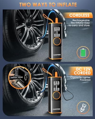 CUIOFREE Portable Tire Inflator for Car, Cordless Tire Inflator Portable Air Compressor with Digital Pressure Gauge,150PSI Dual Power, Portable Air Pump for Car Tires, Motorcycle, Bicycle, Bike, Ball - Thumbnail 4