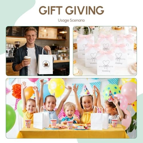 Qioxiou 60 Pack White Gift Bags 5.91x3.15x8.27 Small Kraft Paper Gift Bags with Handles Bulk, White Paper Sacks for Wedding Birthday Party Favor, Retail, Merchandise, Small Grocery, Shopping, Business - Thumbnail 6