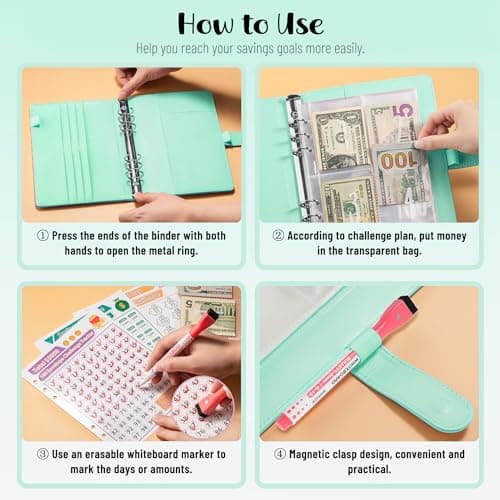 100 Envelopes Money Saving Challenge, A5 Savings Challenges Book Budget Binder with Cash Envelopes Erasable Tracker, Easy and Fun Way to Save $500 $5050 $10000 (BGreen) - Thumbnail 4