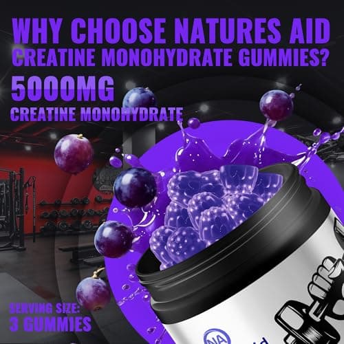 Natures Aid Creatine Monohydrate Gummies – Pre-Workout Energy & Muscle Growth Support for Men & Women | Grape Electrolyte Gummies (135 Count) - Thumbnail 5