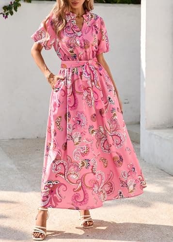 KIRUNDO Women Spring Summer Wedding Guest Boho Floral Maxi Dress Puff Sleeve Button Shirt V Neck Flowy Beach Vacation Dress(Pink, Small) - Thumbnail 4