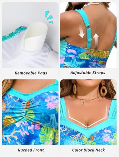 HUSKARY Plus Size Swimsuits Tankini Swimsuit Modest Tummy Control Swimming Suits Two Piece Swimwear 18W Blue Printed - Thumbnail 5