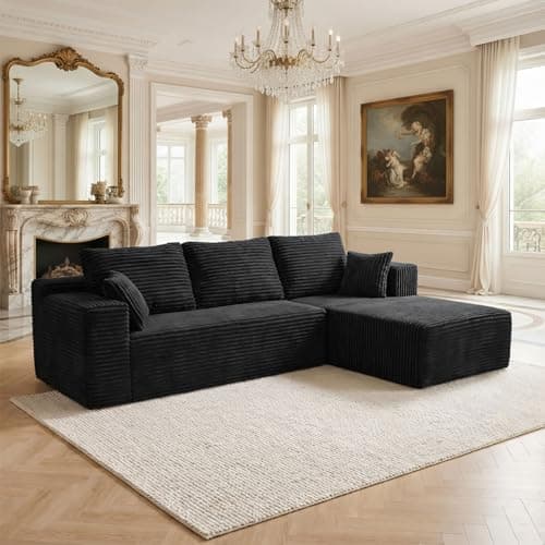 HOMMIDIKA 106" Boneless Sectional Couches for Living Room, Modular Sectional Sofa with L-Shape Chaise,Corduroy Oversized 3 Seater Cloud Couches for Apartment, No Assembly(Black,Right Facing Chaise)