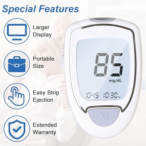 Glucose Monitor Kit, High Accuracy Blood Sugar Testing Kit with 100 Glucometer Strips & 100 Lancets, Larger-Screen Glucose Monitor with Lancing Devices, No Coding, Portable for Home or Travel - Thumbnail 4