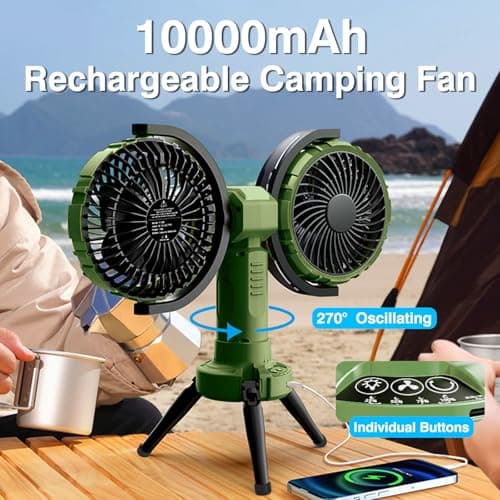 Nauttxon Outdoor Camping Fan With Light - Oscillating 10000mAh Battery Powered Fan For Camping With Hanging Hook For Beach Travel Picnic Fishing Outdoor- Green - Thumbnail 3
