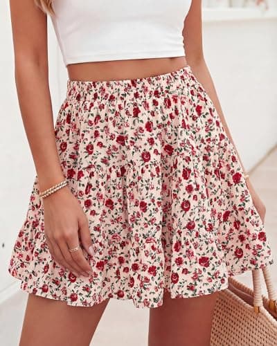 BTFBM Summer Skirts for Women 2026 Floral High Waist Shorts Underneath Boho Tiered Flowy Tennis Skorts Casual Mini Skirt(Floral Apricot Red, Small) - Thumbnail 4